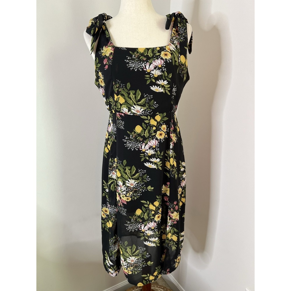 Rihoas Dress M Black Floral Lemon Tie Shoulder Smocked Midi Whimsigoth Cottage